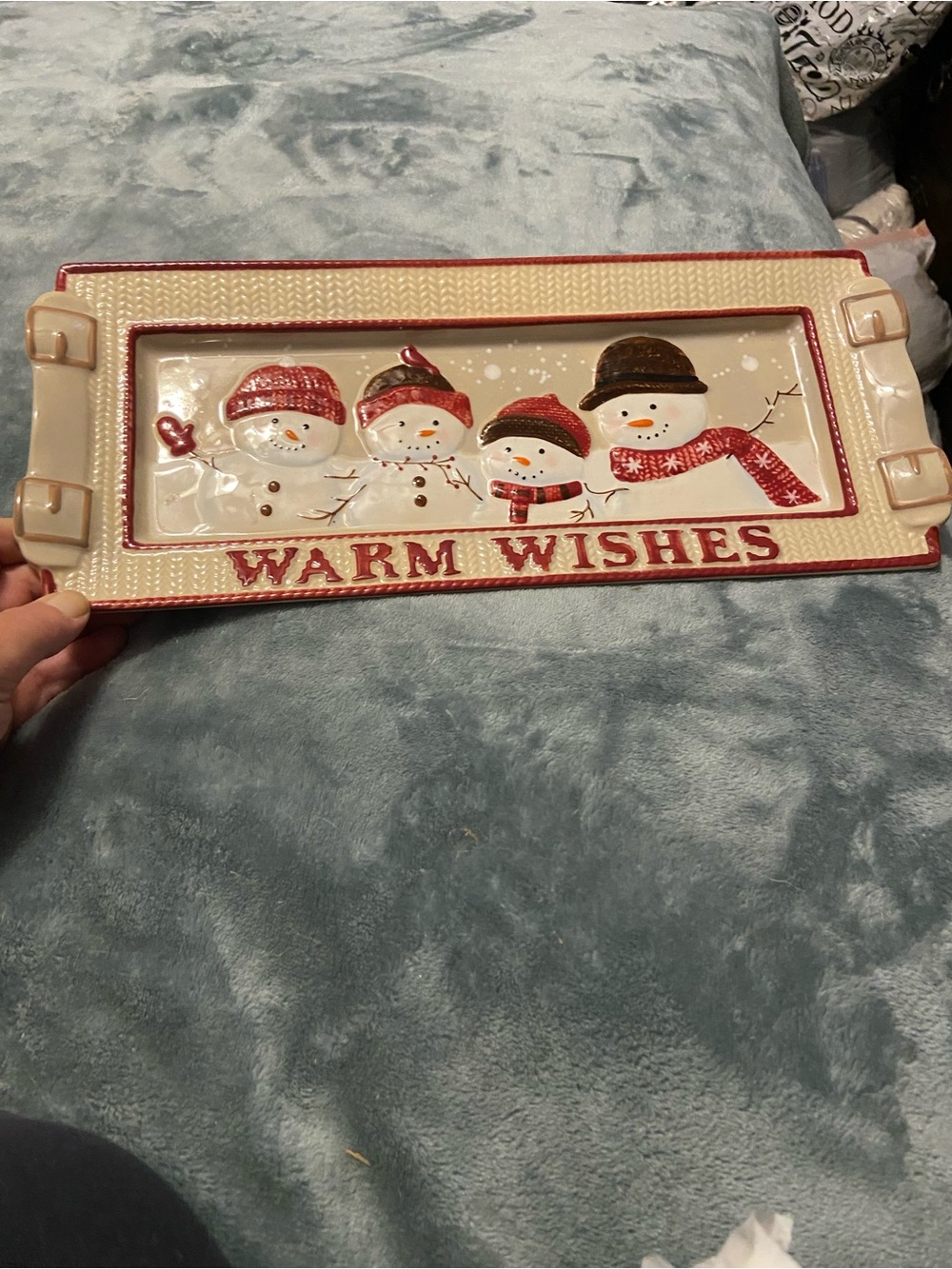 St. Nicholas Square Red and Cream 'Warm Wishes' Snowman Serving Tray